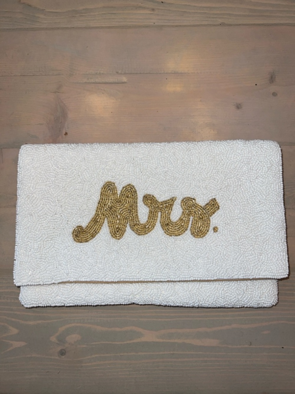 “Mrs.” Beaded White Clutch with Gold Lettering